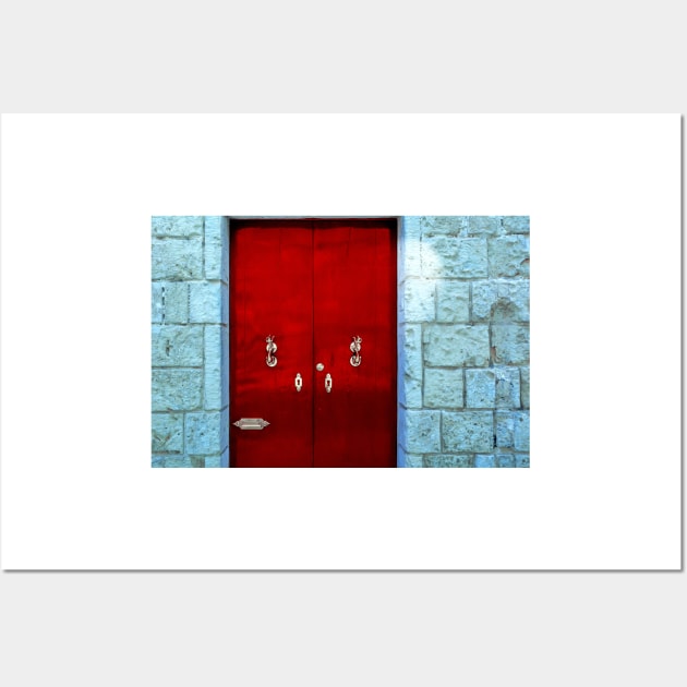 Red wooden door with golden vintage knockers Wall Art by lena-maximova